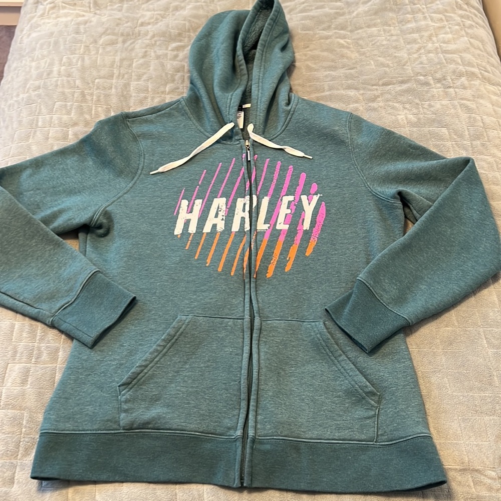 Harley Davidson Hooded Sweatshirt, Hoodie, Logo, Teal, Pink, Orange, Size Large